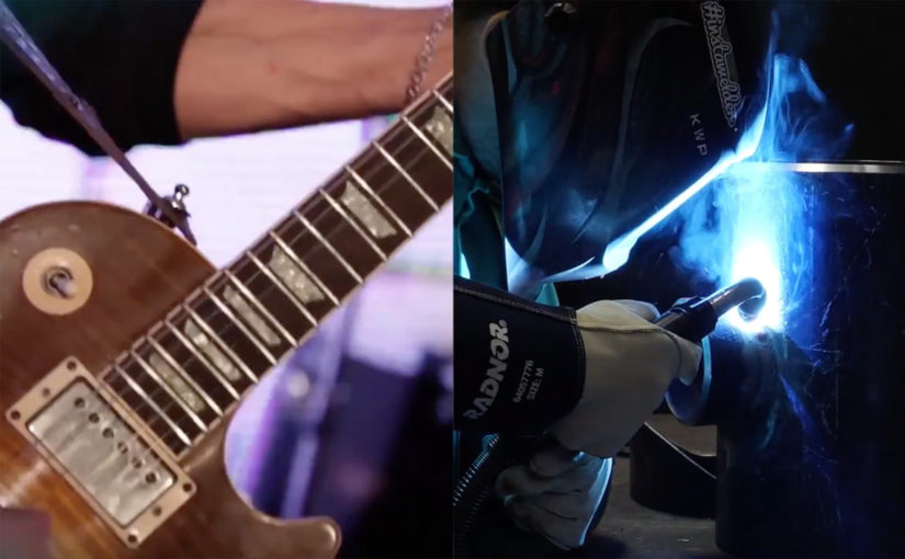 A split screen depicting a guitarist performing on stage next to a welder working attentively—representing the idea that musicians should weld.